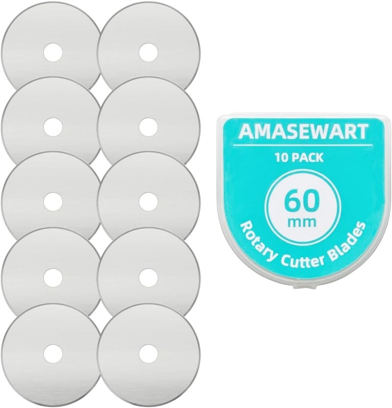 AMASEWART 60mm Rotary Cutter Blades Fits Fiskars Olfa, Replacement Rotary Blade for Fabric, Quilting, Sewing and Arts & Crafts, Pack of 10 - Image 1